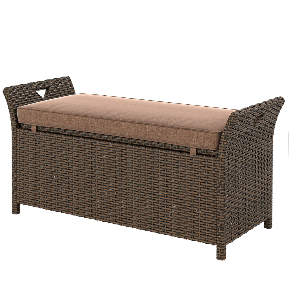 2-in-1 outdoor wicker storage bench with handles and cushion, beige color