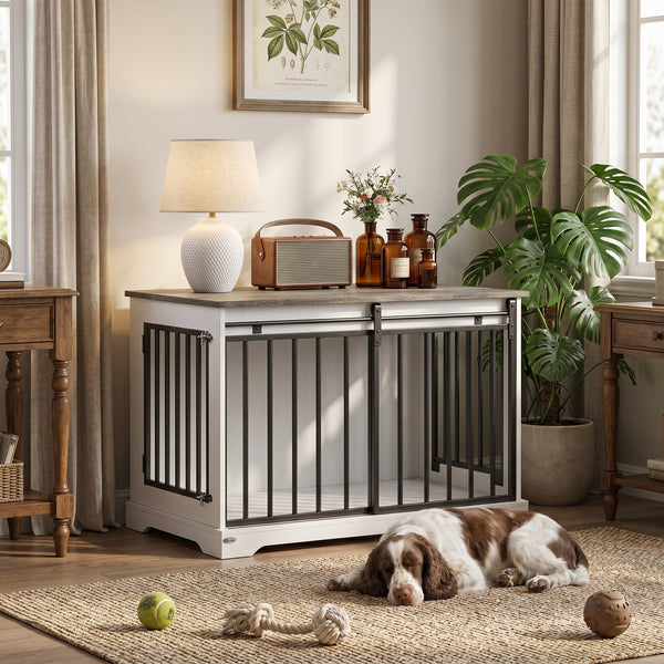 Dog crate furniture with sliding door, 100 cm, white