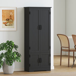 Tall black storage cabinet with 4 doors and adjustable shelves