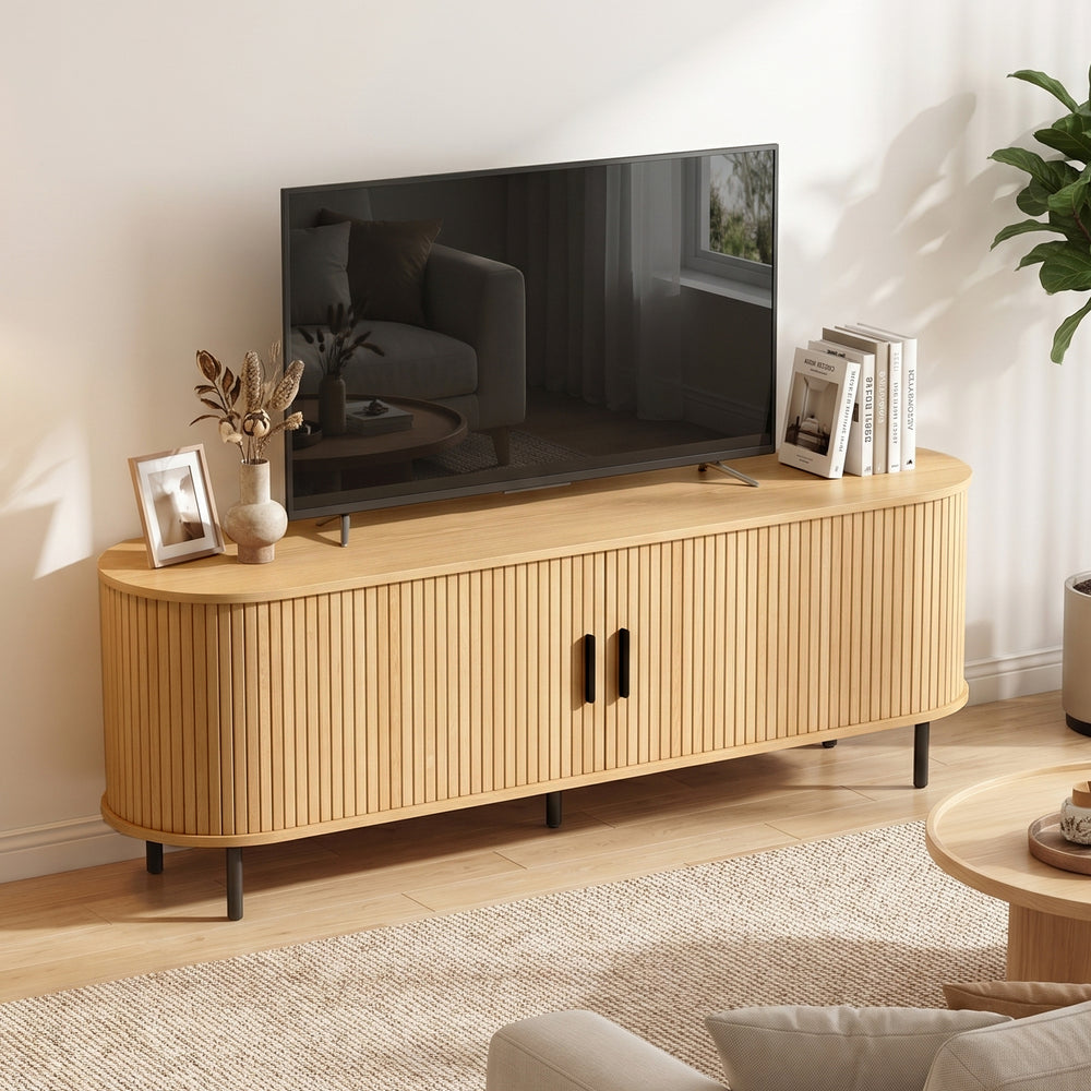TV stand for up to 60-inch TVs, modern entertainment center with curved sliding doors, natural wood