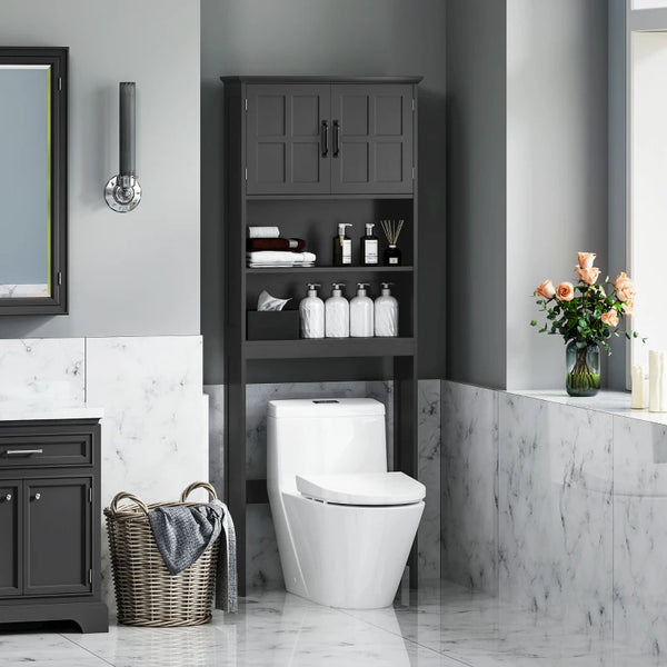 Modern over-the-bathroom storage unit with open shelves and double-door cabinet, black