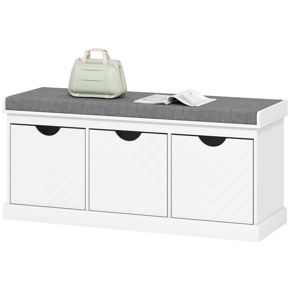Entryway bench with 3 removable drawers and padded seat cushion, white