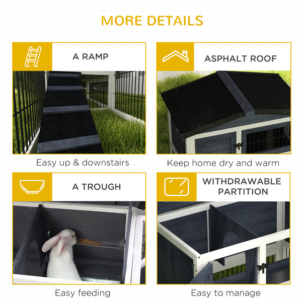 Dark grey wooden hutch with ramp, opening roof and pull-out tray