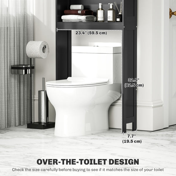 Modern over-the-bathroom storage unit with open shelves and double-door cabinet, black