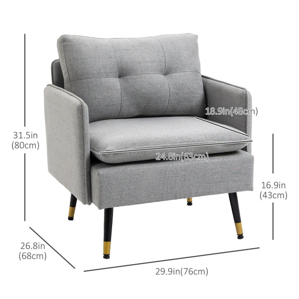 Modern upholstered accent chair with tufted back and steel legs, gray