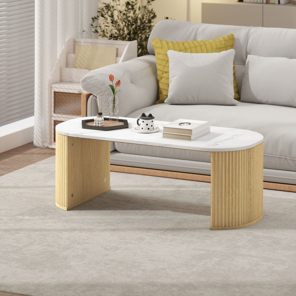 Modern marble effect coffee table with rounded corners and thick legs, natural wood