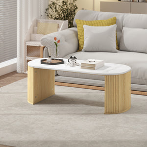 Modern marble effect coffee table with rounded corners and thick legs, natural wood