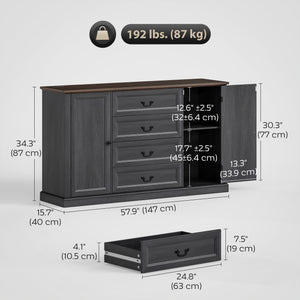Farmhouse-style buffet with charging station, 4 drawers and 2 doors, black