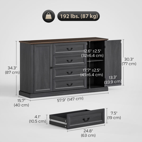 Farmhouse-style buffet with charging station, 4 drawers and 2 doors, black