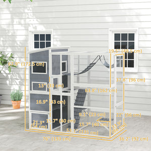 Cat enclosure with cat house, jumping platforms, ladder, ramps and hammock, grey
