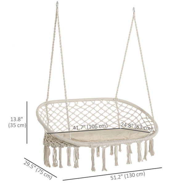 Patio Hammock Chair 2 Seat, Hanging Rope Hammock Swing Chair with Metal Frame and Cushion, Large Macrame Seat for Indoor and Outdoor 396 lbs Capacity, Cream White