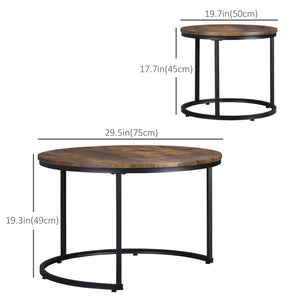 Set of 2 round coffee tables with metal base, rustic brown