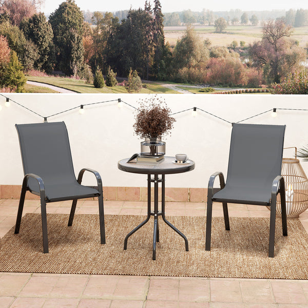 3 Pieces Bistro Set, Small Patio Furniture Set with Stackable Mesh Chairs, Glass Table for Garden, Balcony, Dark Grey
