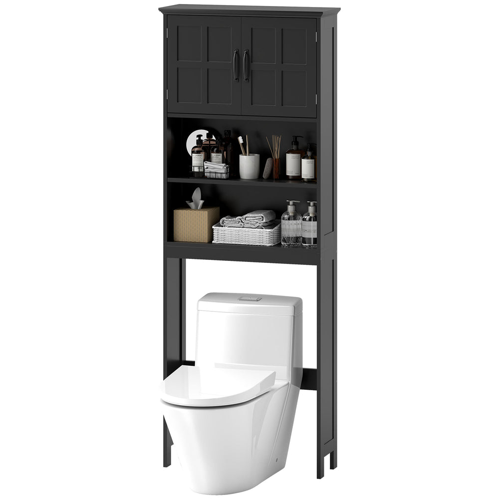 Modern over-the-bathroom storage unit with open shelves and double-door cabinet, black