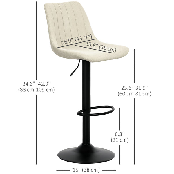 Set of 2 adjustable bar stools with backrest and footrest, beige