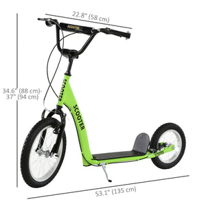 Scooter with adjustable handlebars, double brakes, inflatable wheels, green