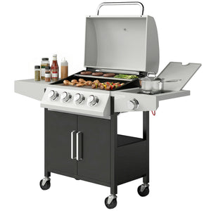 4+1 burner propane gas barbecue with side burner, warming rack and side shelf.