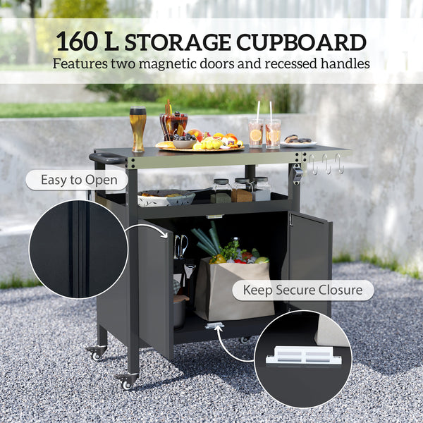 Outdoor Grill Cart Table with Foldable Side Table, BBQ Grill Stand with Stainless Steel Top & Hooks, 45.7"x19.7", Black