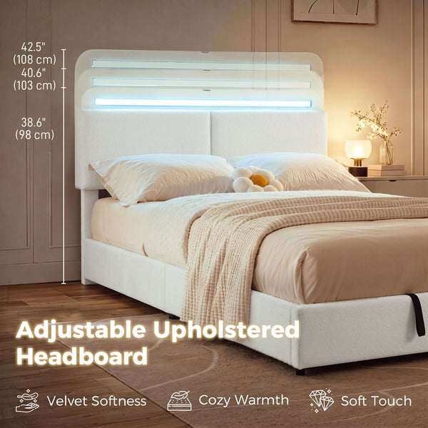 Queen Size Bed Frame with Charging Station, LED Lighting, Adjustable Headboard, White