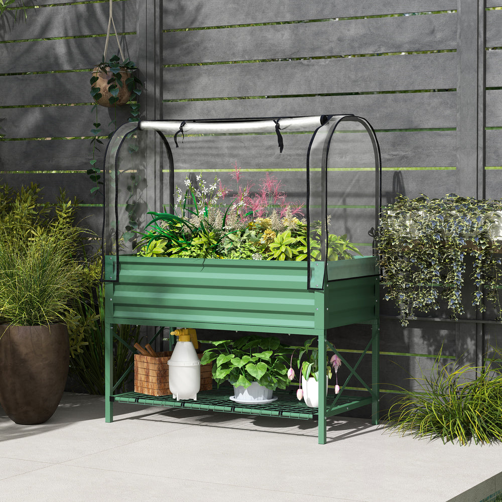 Raised planter with lid, bottom shelf and liner, green