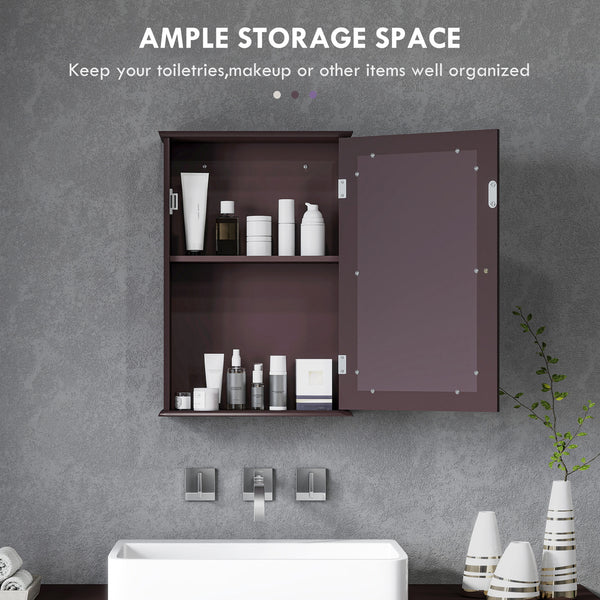 Wall-mounted medicine cabinet with door and shelves, dark brown