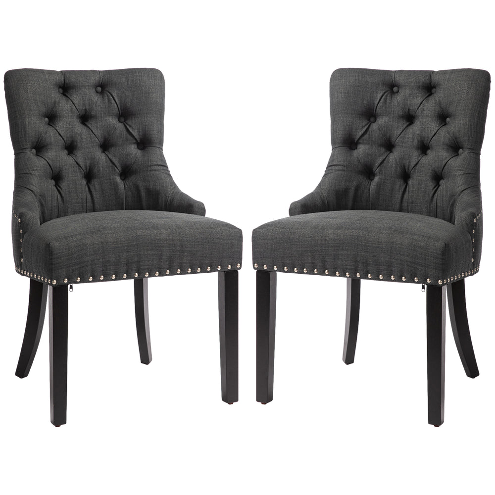 Set of 2 linen dining chairs with studded trim and wooden legs, dark grey