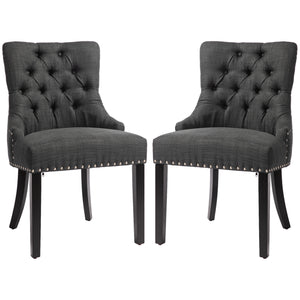 Set of 2 linen dining chairs with studded trim and wooden legs, dark grey