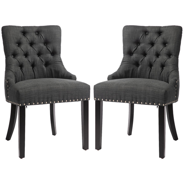 Set of 2 linen dining chairs with studded trim and wooden legs, dark grey