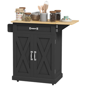 Foldable Kitchen Island with Storage Drawer, Farmhouse Style Rolling Utility Cart with Drop-Leaf Wood Top, Black