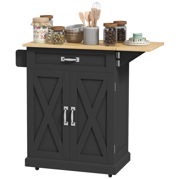 Foldable Kitchen Island with Storage Drawer, Farmhouse Style Rolling Utility Cart with Drop-Leaf Wood Top, Black