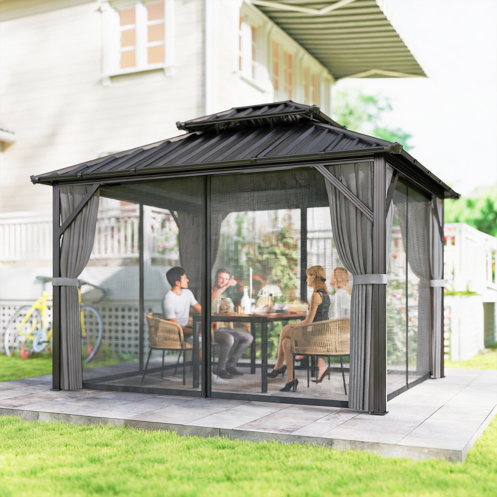 Gazebo with rigid roof 10 x 12 with double roof in galvanized steel, aluminum frame, dark grey