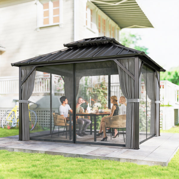 Gazebo with rigid roof 10 x 12 with double roof in galvanized steel, aluminum frame, dark grey