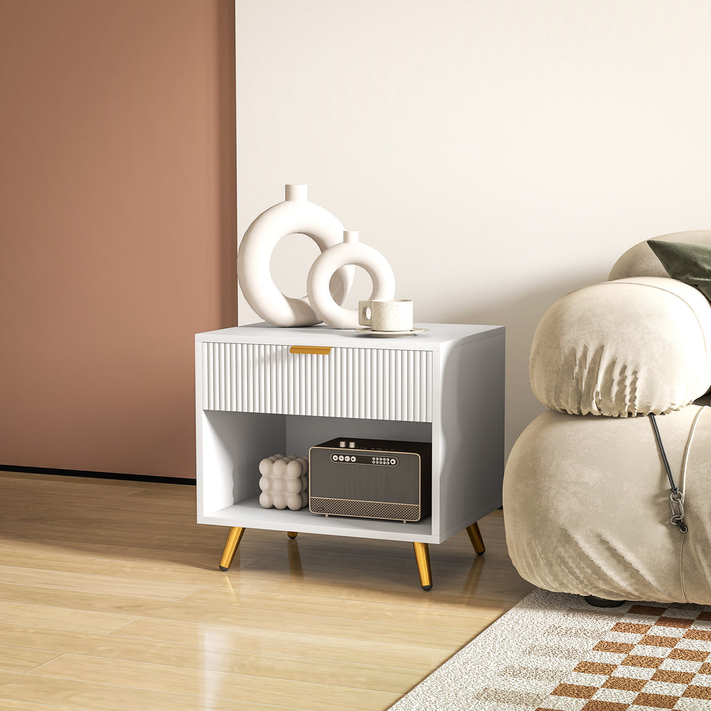 Bedside table with fluted panel, drawer and open compartment, white