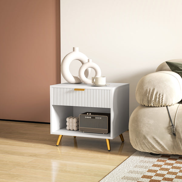 Bedside table with fluted panel, drawer and open compartment, white