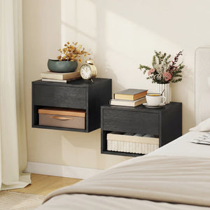 Set of 2 floating nightstands with drawer and open shelf – Black