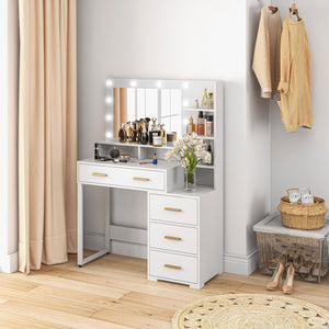 LED illuminated dressing table with mirror, drawer and storage shelves, white 
