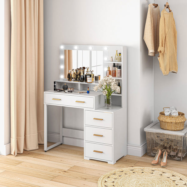 LED illuminated dressing table with mirror, drawer and storage shelves, white 