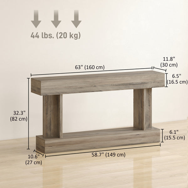 Narrow, vintage-style console table with storage shelf, light brown