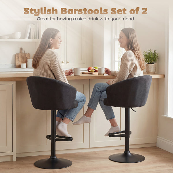 Set of 2 adjustable, padded bar stools with swivel seats, steel frame, footrest, black