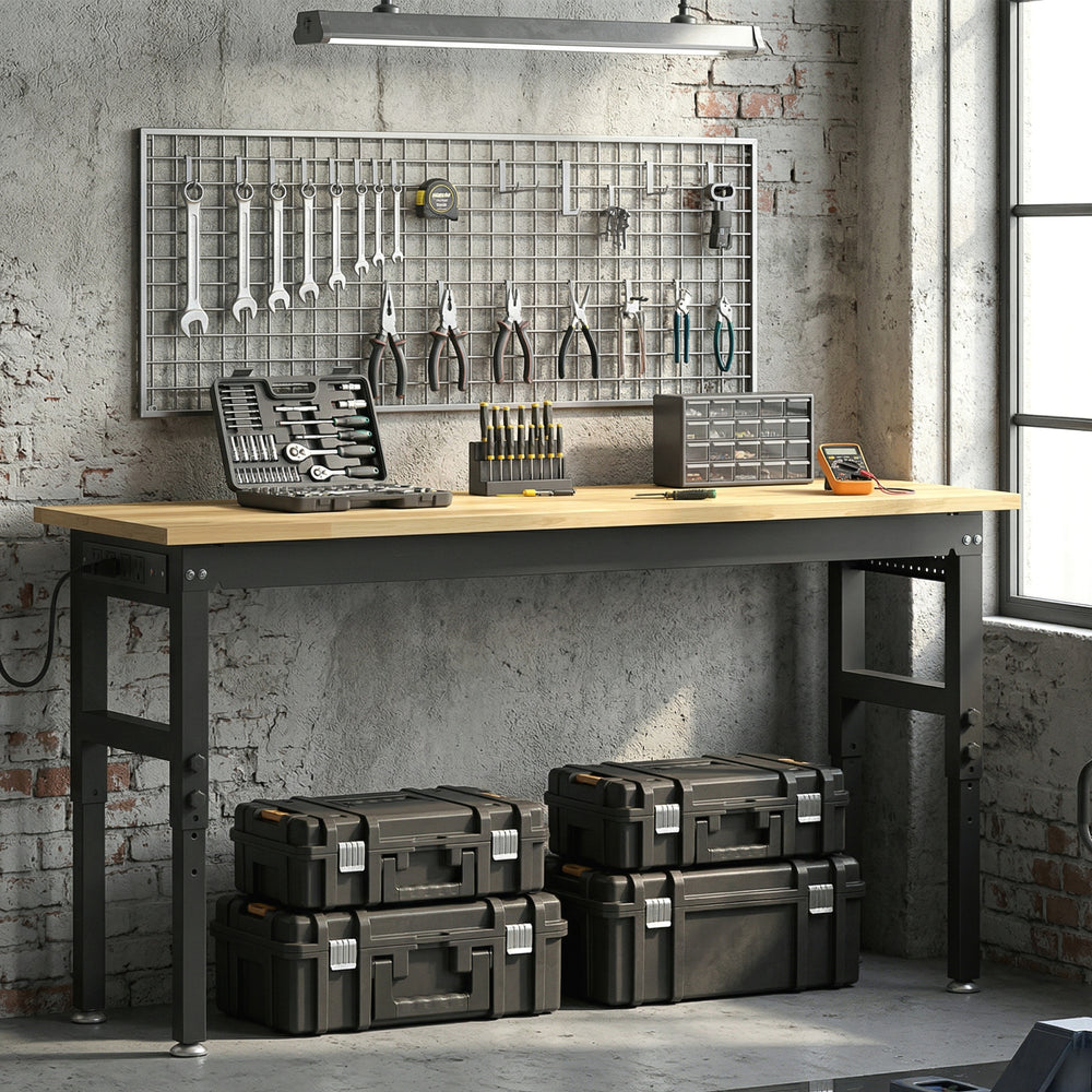 60-inch heavy-duty height-adjustable workbench with power outlets, USB ports, and pegboard – Natural wood and black