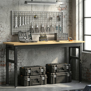 60-inch heavy-duty height-adjustable workbench with power outlets, USB ports, and pegboard – Natural wood and black