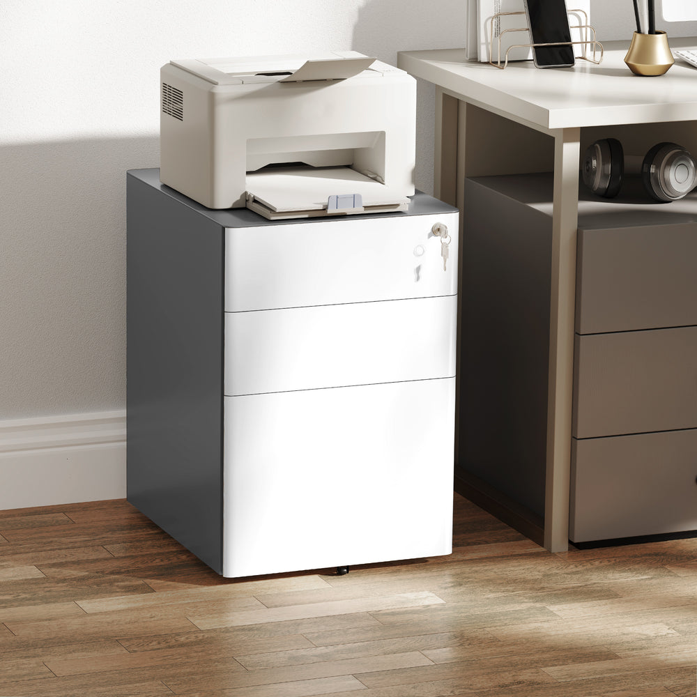 3-Drawer Home Office Filing Cabinet, Lockable for A4, Letter and Legal Size Files, Grey and White