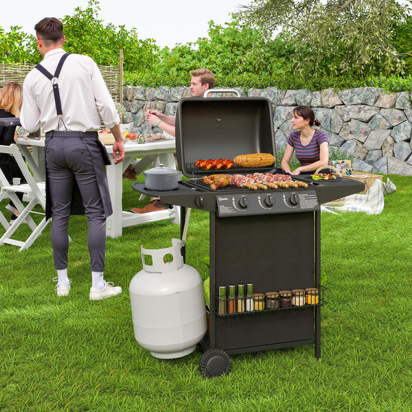 3-burner propane gas barbecue with side burner, thermometer, black