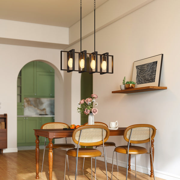 Farmhouse style linear pendant light with 4 rotating shades and adjustable height, black