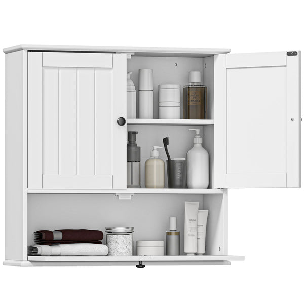 Wall-mounted bathroom cabinet, farmhouse style, with adjustable shelves and drop-down door, white