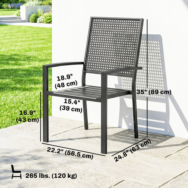 Stackable Patio Chairs Set of 2, Outdoor Dining Chairs with Faux Wicker Steel Mesh Back, Slatted Seat, Armrests, Black