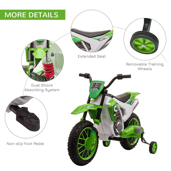 12V Electric Motorcycle with Training Wheels, Green