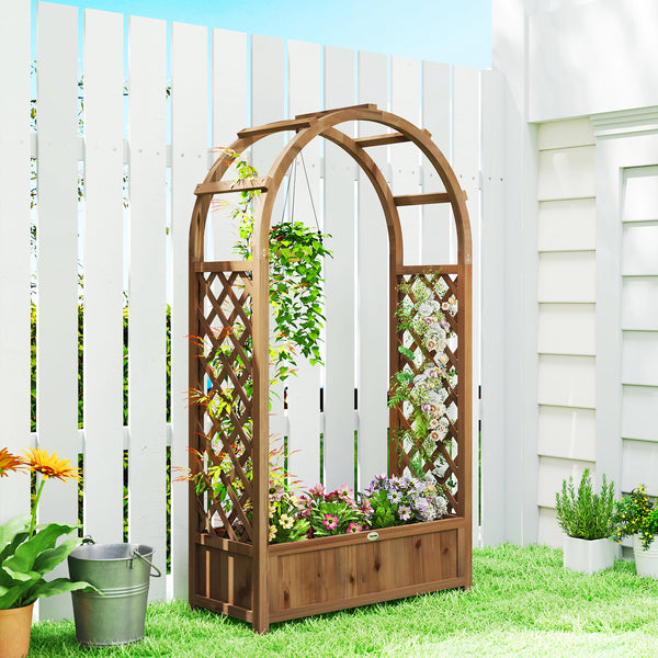 Raised planter with arched trellis, dark brown wood