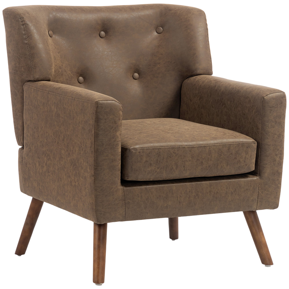 Tufted armchair in brown faux leather, wooden legs