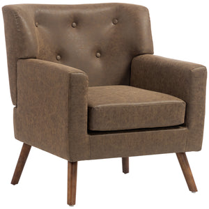 Tufted armchair in brown faux leather, wooden legs